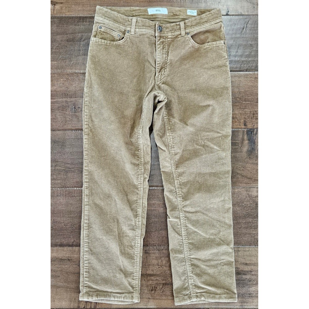 Brax Cooper Fancy Mens Corduroy Pants Tan Khaki Regular Fit Straight Leg 34x30